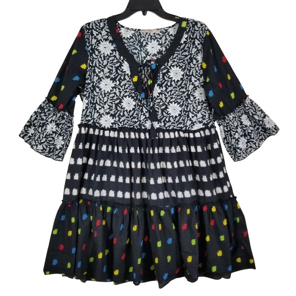 Dress Addict Dresses & Skirts - Dress Addict Women Cotton Mixed Print Floral Tiered Mini Dress Black Sz L Boho